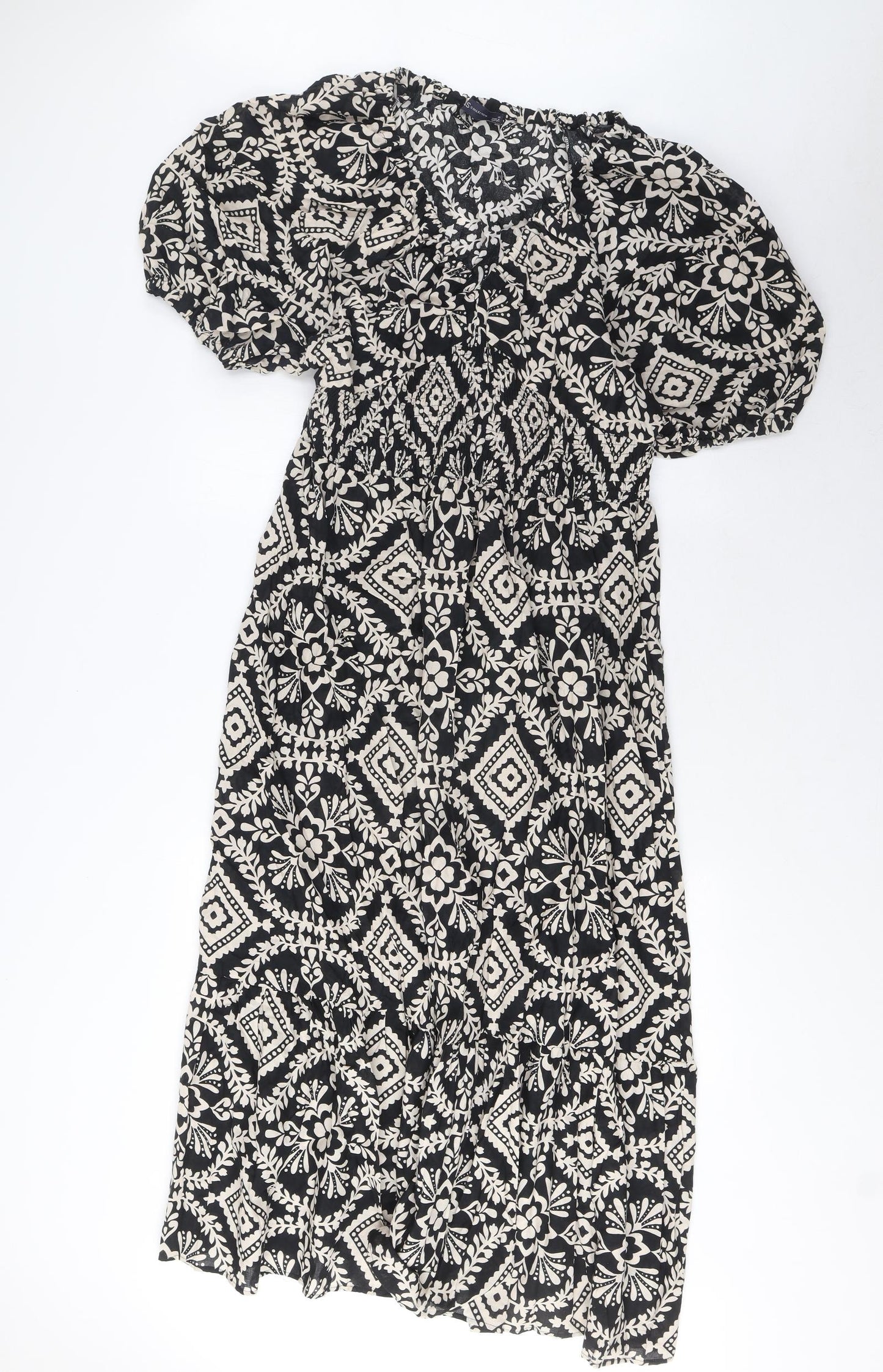 Marks and Spencer Womens Black Fair Isle Cotton A-Line Size 16 V-Neck Pullover - Elasticated Waist, Pleated