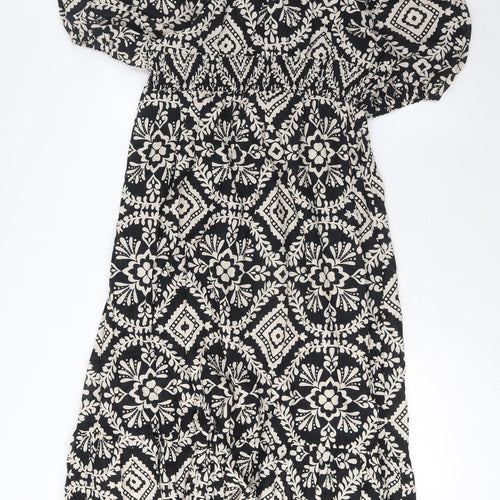 Marks and Spencer Womens Black Fair Isle Cotton A-Line Size 16 V-Neck Pullover - Elasticated Waist, Pleated