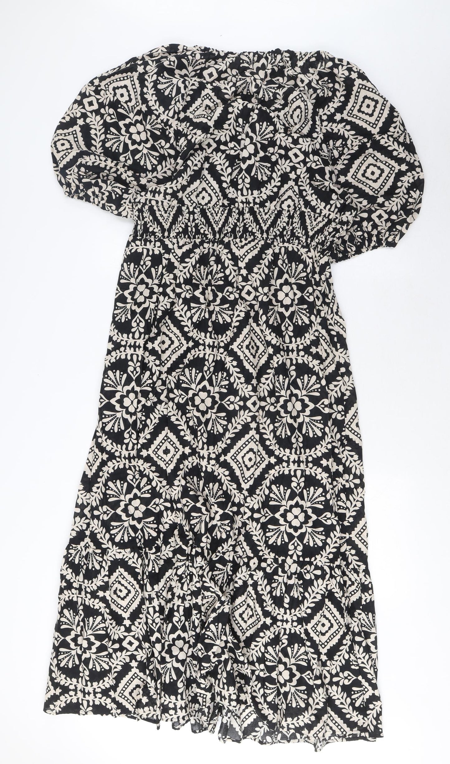 Marks and Spencer Womens Black Fair Isle Cotton A-Line Size 16 V-Neck Pullover - Elasticated Waist, Pleated