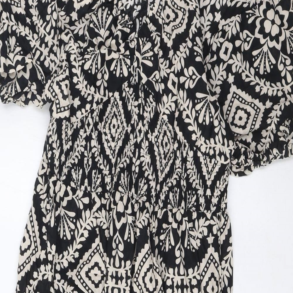 Marks and Spencer Womens Black Fair Isle Cotton A-Line Size 16 V-Neck Pullover - Elasticated Waist, Pleated