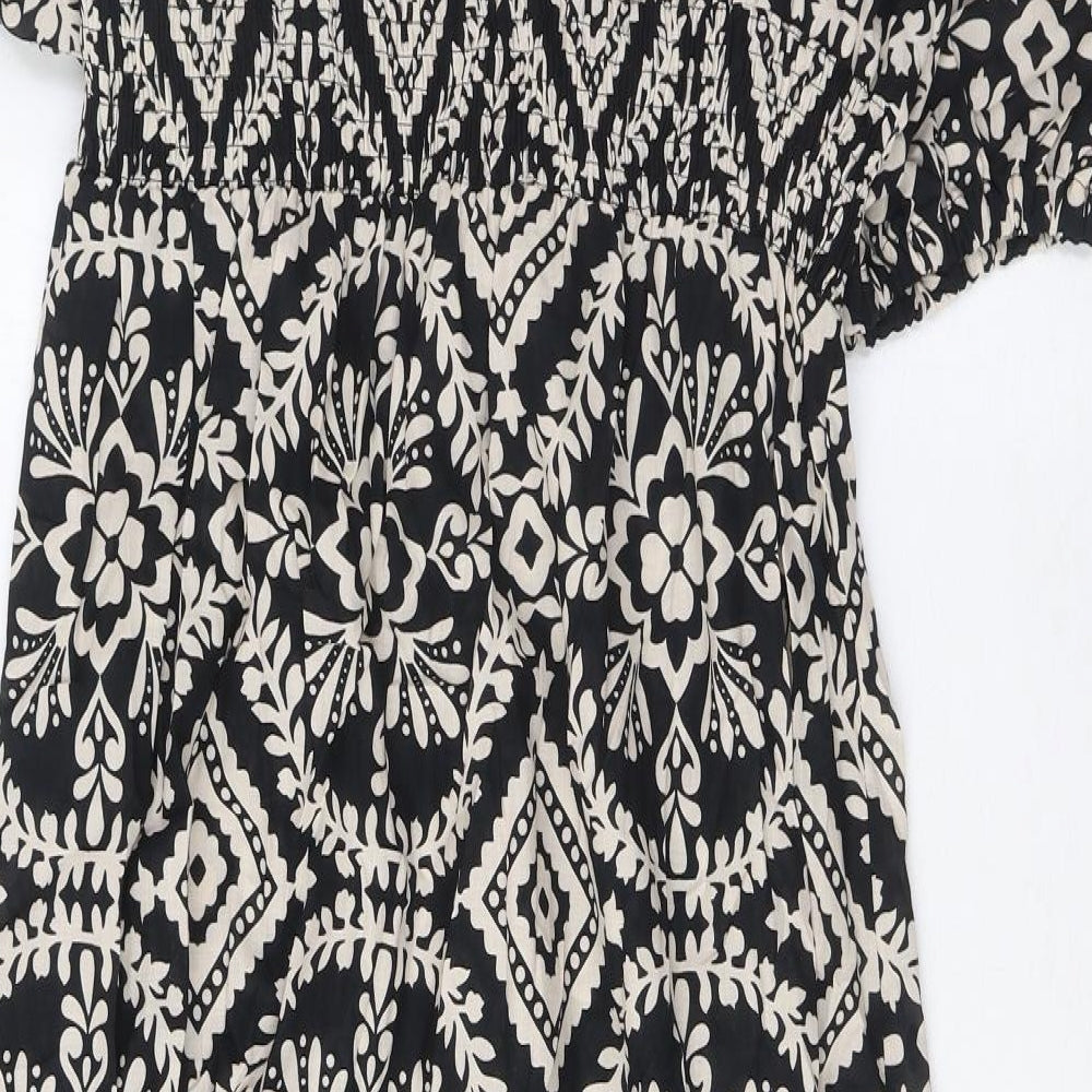 Marks and Spencer Womens Black Fair Isle Cotton A-Line Size 16 V-Neck Pullover - Elasticated Waist, Pleated