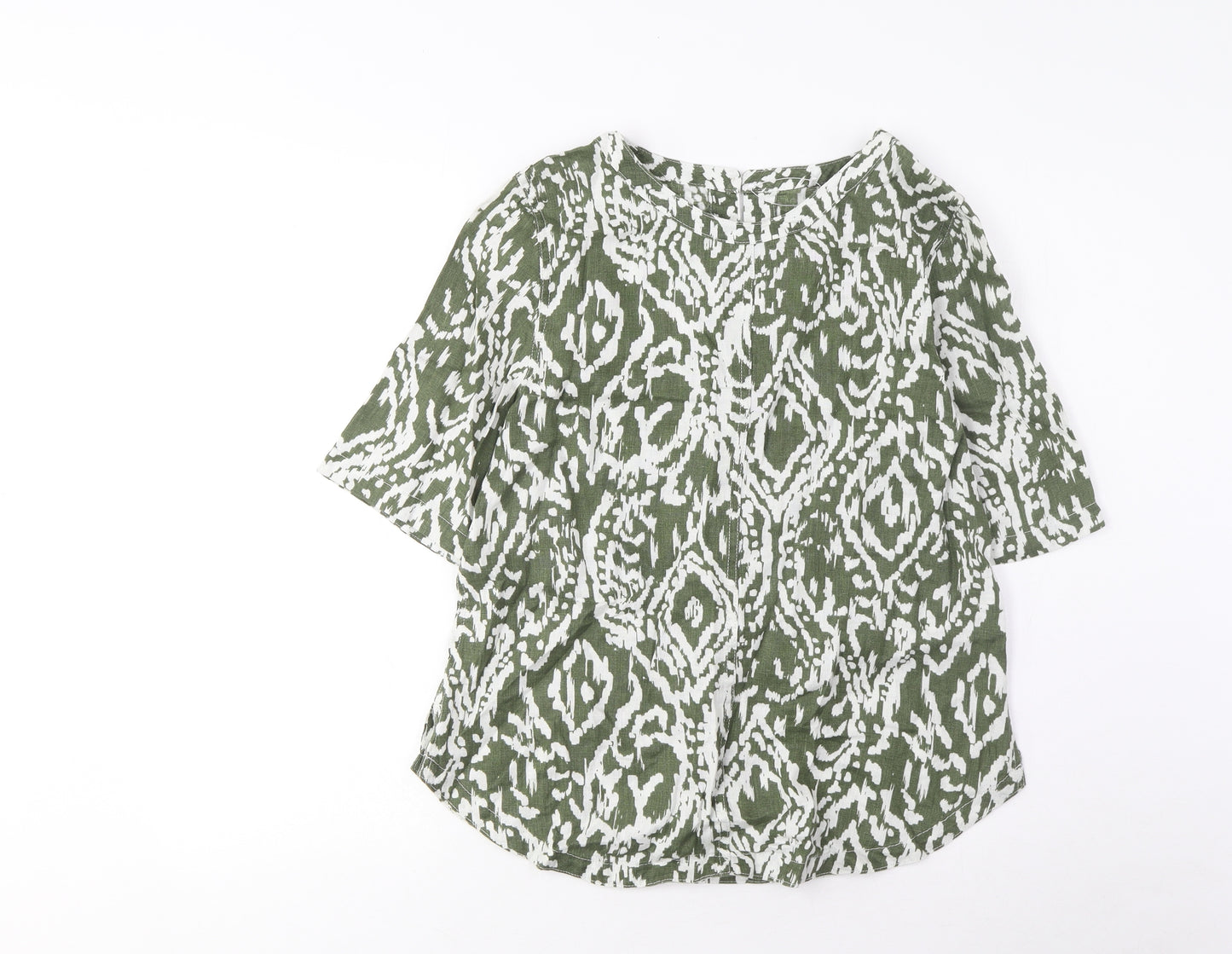 Marks and Spencer Womens Green Argyle/Diamond Linen Basic T-Shirt Size 8 Boat Neck - Pleated