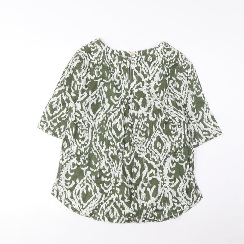 Marks and Spencer Womens Green Argyle/Diamond Linen Basic T-Shirt Size 8 Boat Neck - Pleated