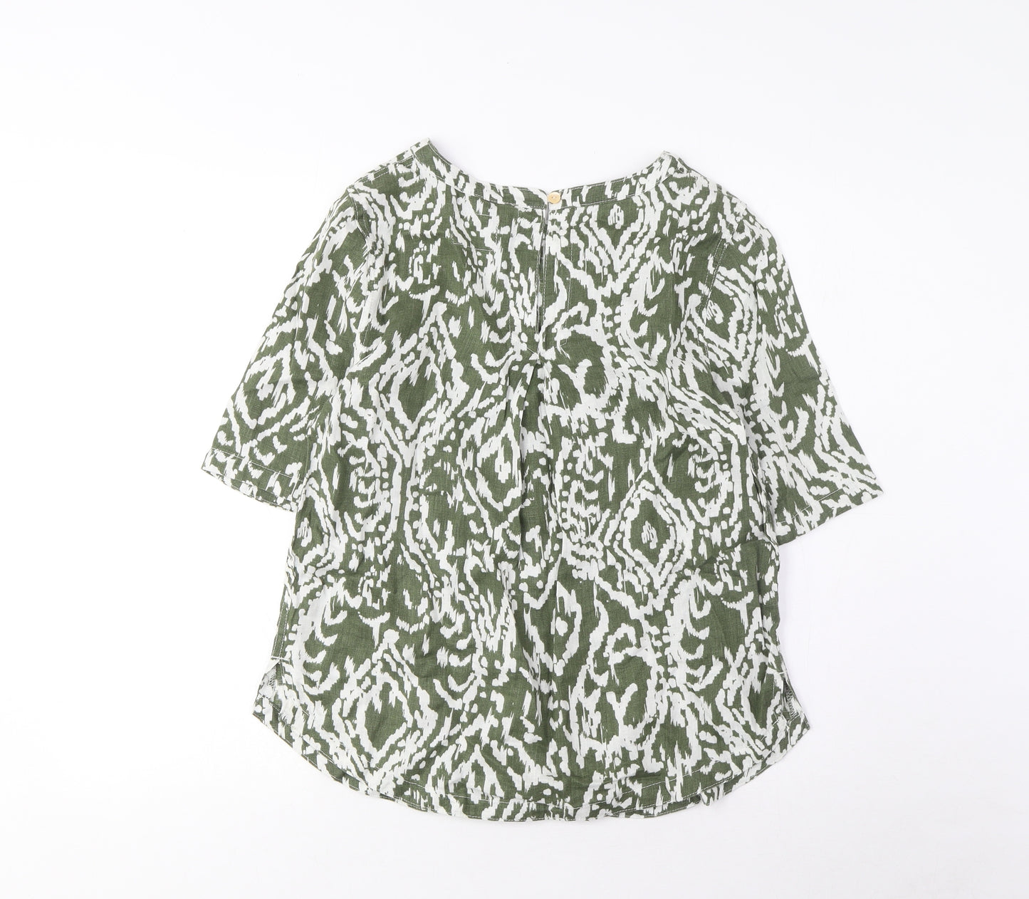 Marks and Spencer Womens Green Argyle/Diamond Linen Basic T-Shirt Size 8 Boat Neck - Pleated