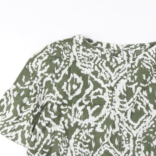 Marks and Spencer Womens Green Argyle/Diamond Linen Basic T-Shirt Size 8 Boat Neck - Pleated