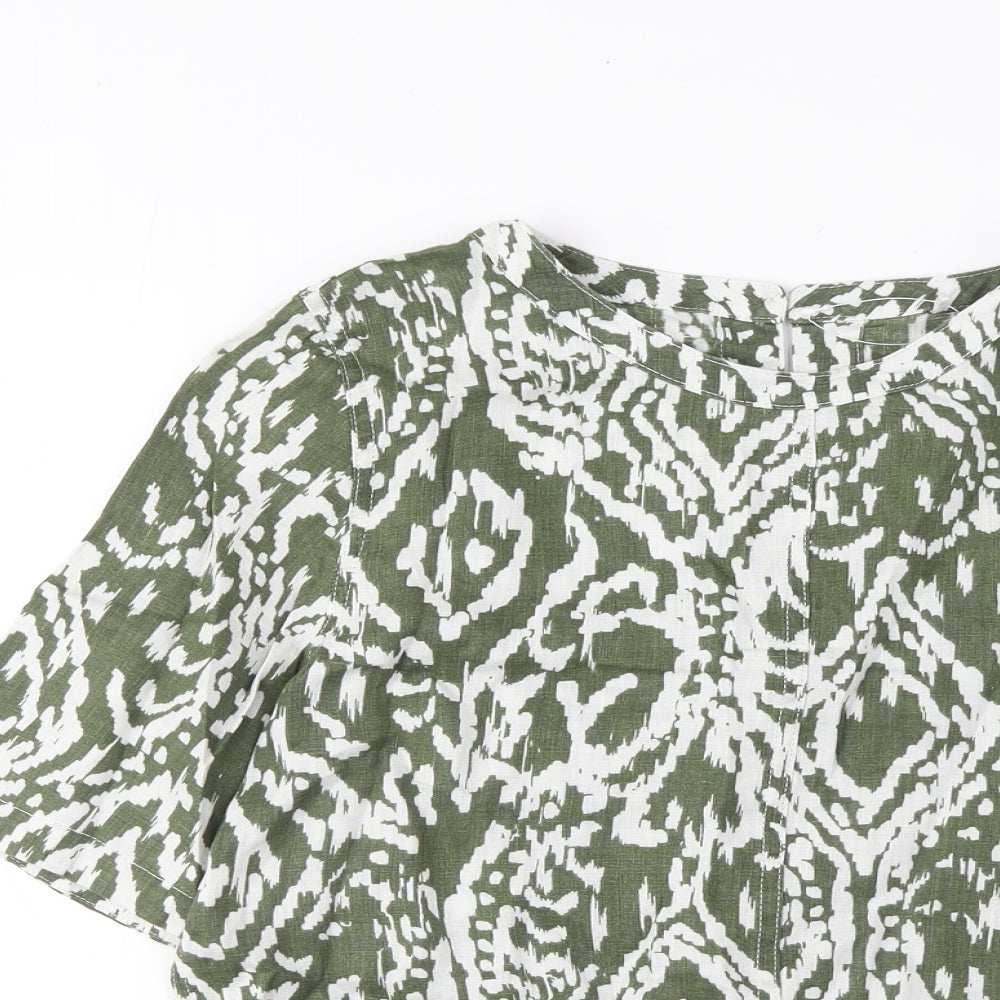 Marks and Spencer Womens Green Argyle/Diamond Linen Basic T-Shirt Size 8 Boat Neck - Pleated