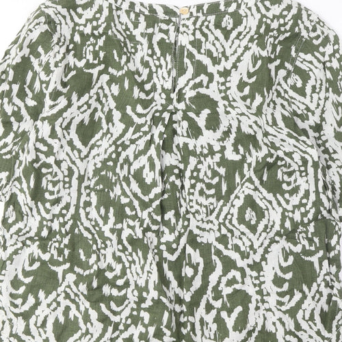 Marks and Spencer Womens Green Argyle/Diamond Linen Basic T-Shirt Size 8 Boat Neck - Pleated