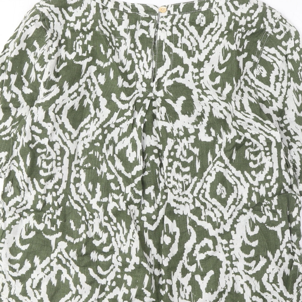 Marks and Spencer Womens Green Argyle/Diamond Linen Basic T-Shirt Size 8 Boat Neck - Pleated