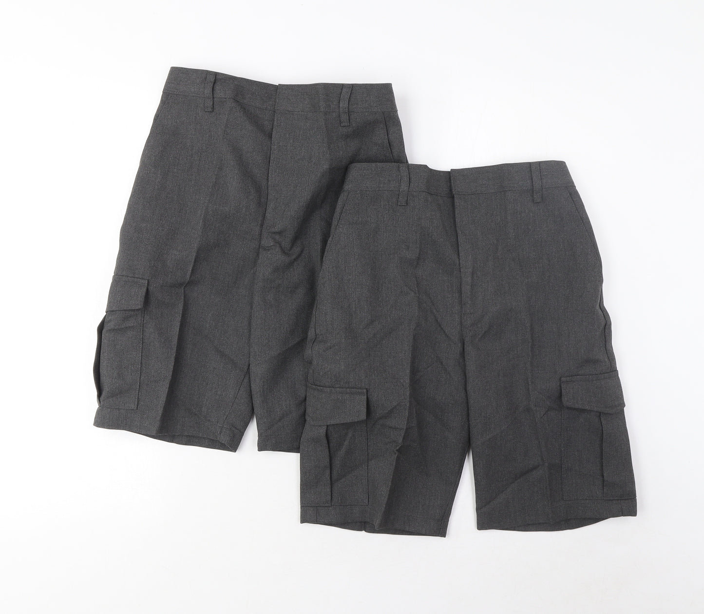 Marks and Spencer Boys Grey Polyester Cargo Shorts Size 10-11 Years L9 in Regular Hook & Eye - School Wear, 2 Pack