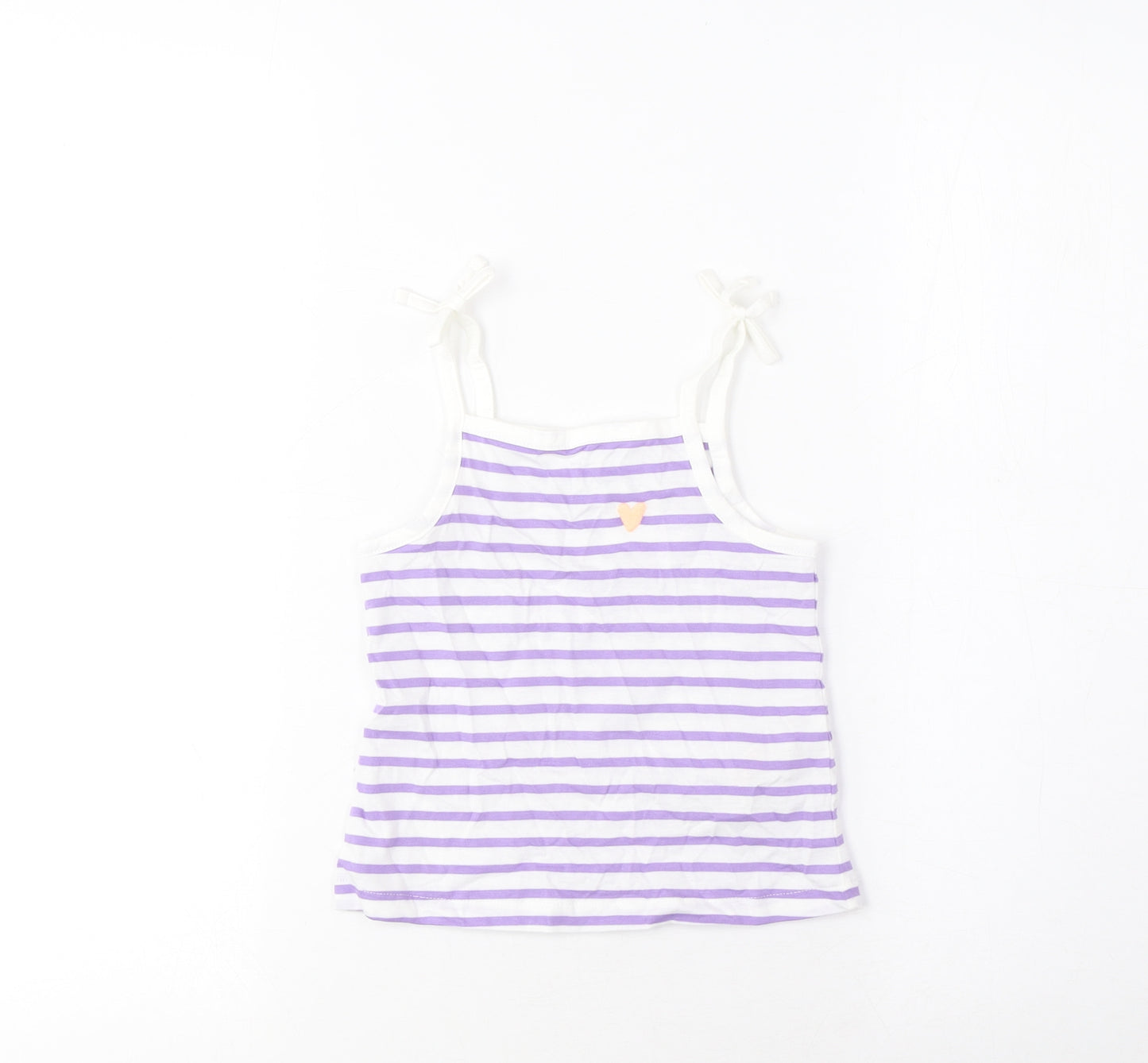 Marks and Spencer Girls Purple Striped Cotton Cropped Tank Size 2-3 Years Square Neck Pullover - Embroidered, Heart