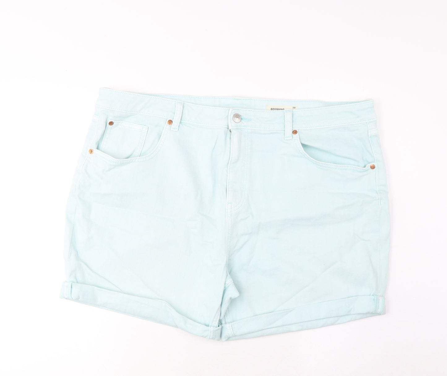 Marks and Spencer Womens Blue Cotton Boyfriend Shorts Size 20 L5 in Regular Zip - Pockets