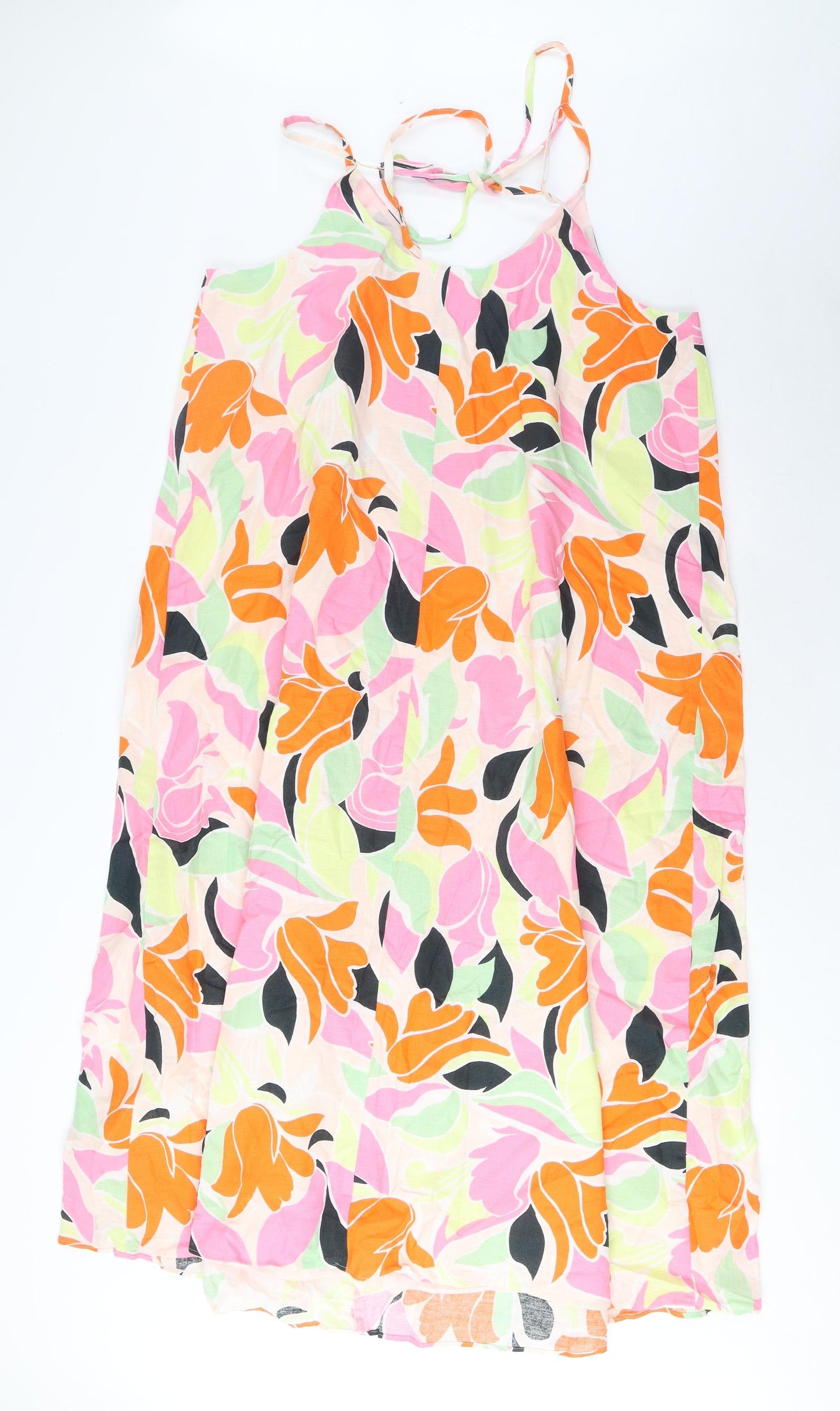 Marks and Spencer Womens Multicoloured Geometric Linen A-Line Size 14 V-Neck Pullover - Pleated