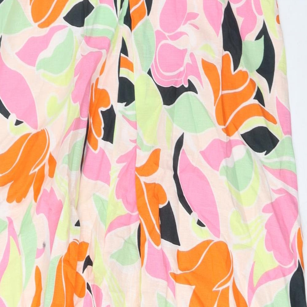 Marks and Spencer Womens Multicoloured Geometric Linen A-Line Size 14 V-Neck Pullover - Pleated