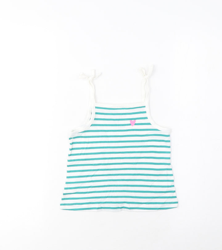 Marks and Spencer Girls Green Striped Cotton Cropped Tank Size 2-3 Years Square Neck Pullover - Embroidered, Heart