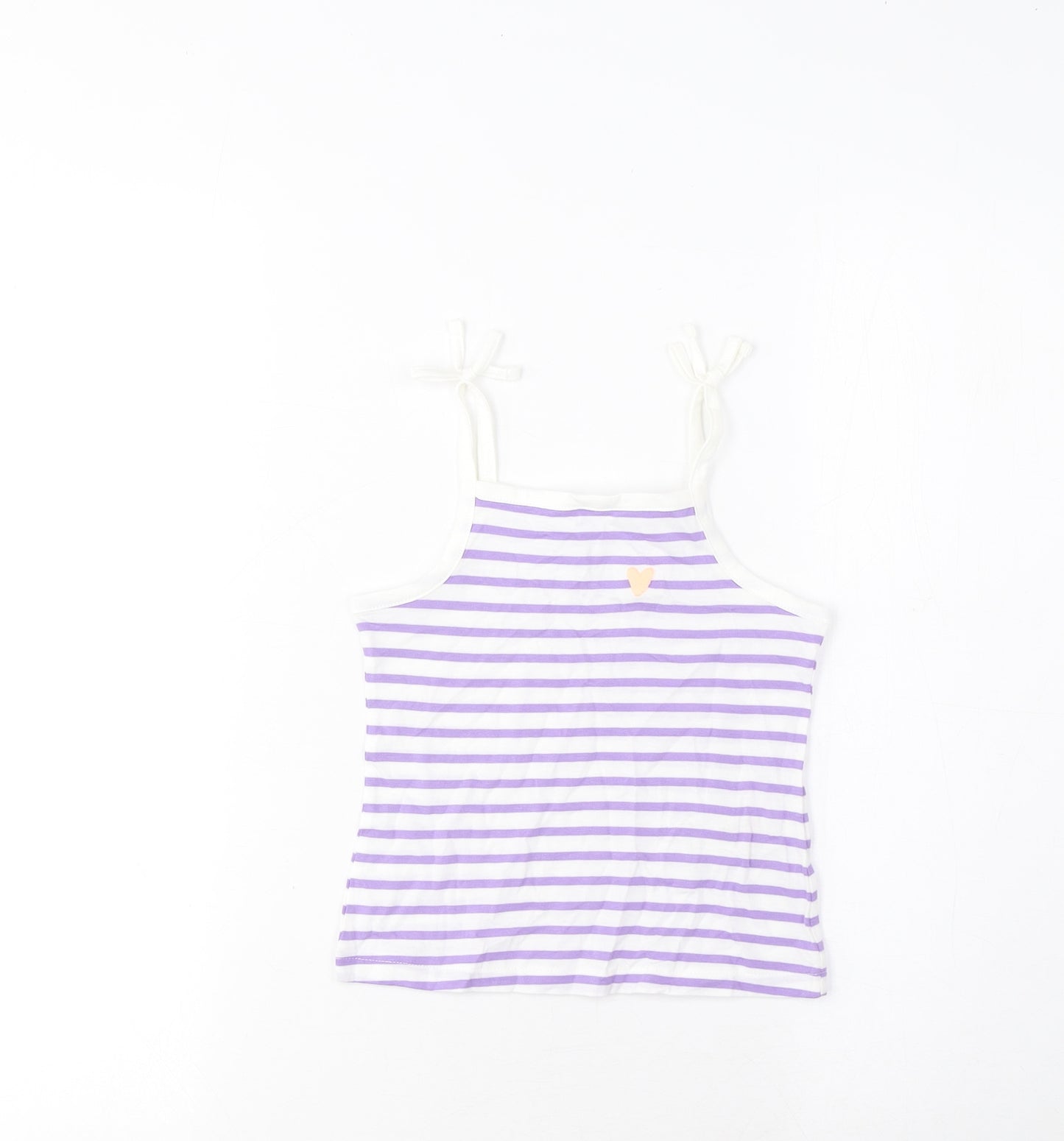 Marks and Spencer Girls Purple Striped Cotton Cropped T-Shirt Size 2-3 Years Square Neck Pullover - Embroidered, Heart