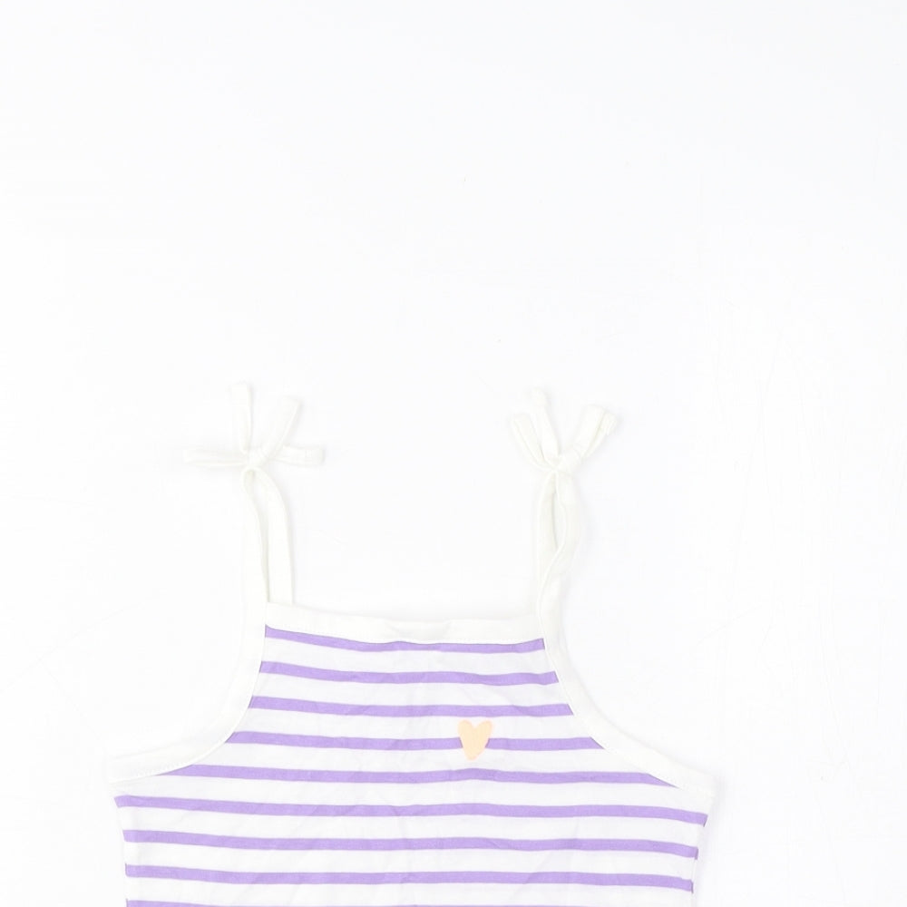 Marks and Spencer Girls Purple Striped Cotton Cropped T-Shirt Size 2-3 Years Square Neck Pullover - Embroidered, Heart