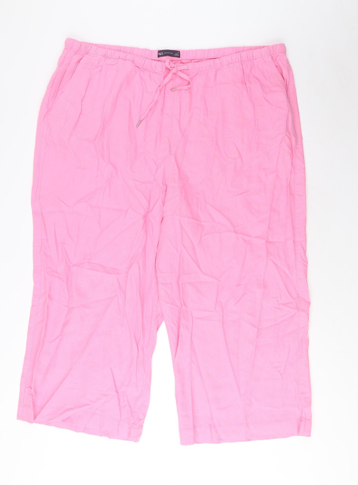 Marks and Spencer Womens Pink Linen Cropped Trousers Size 22 L24 in Regular Drawstring - Pockets