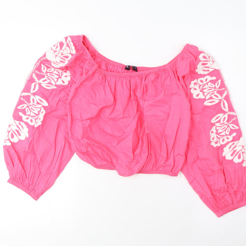 Marks and Spencer Womens Pink Cotton Cropped Blouse Size 12 Off the Shoulder - Embroidered
