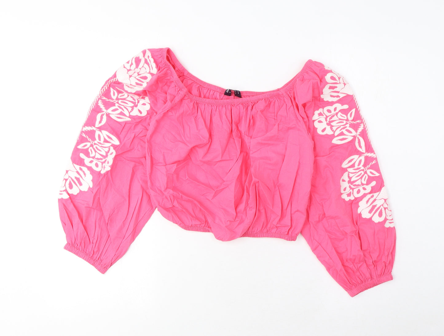 Marks and Spencer Womens Pink Cotton Cropped Blouse Size 12 Off the Shoulder - Embroidered