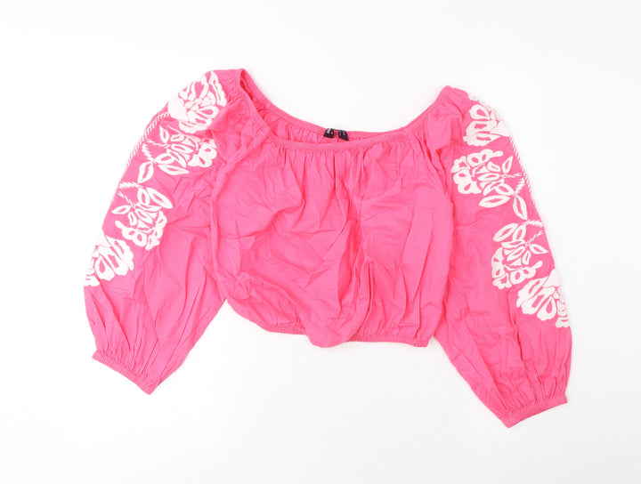 Marks and Spencer Womens Pink Cotton Cropped Blouse Size 12 Off the Shoulder - Embroidered