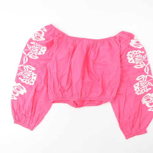 Marks and Spencer Womens Pink Cotton Cropped Blouse Size 12 Off the Shoulder - Embroidered
