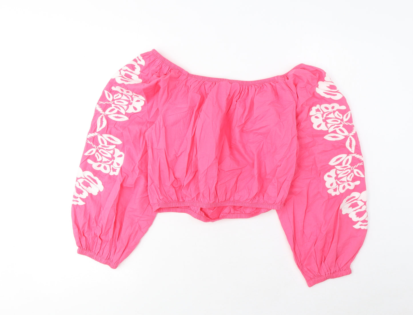 Marks and Spencer Womens Pink Cotton Cropped Blouse Size 12 Off the Shoulder - Embroidered