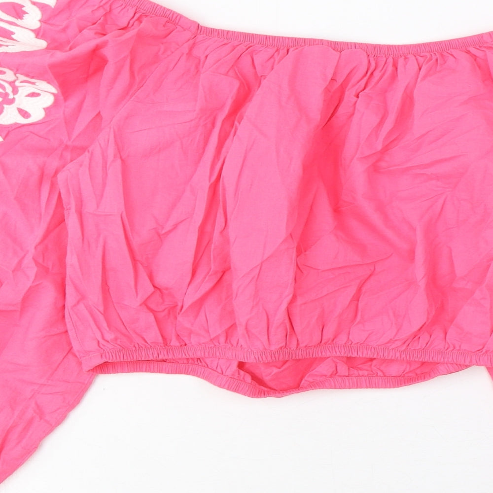Marks and Spencer Womens Pink Cotton Cropped Blouse Size 12 Off the Shoulder - Embroidered