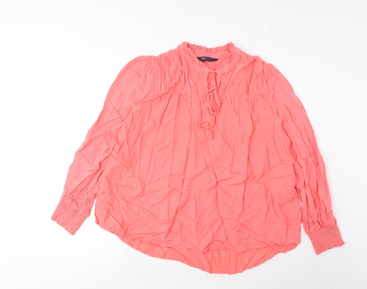 Marks and Spencer Womens Pink Viscose Basic Blouse Size 14 V-Neck - Embroidered, Pleated