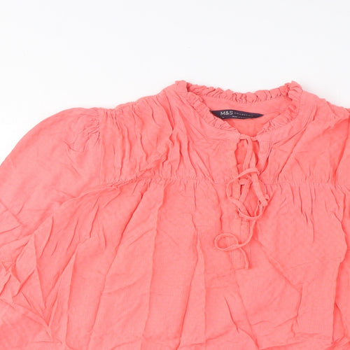 Marks and Spencer Womens Pink Viscose Basic Blouse Size 14 V-Neck - Embroidered, Pleated