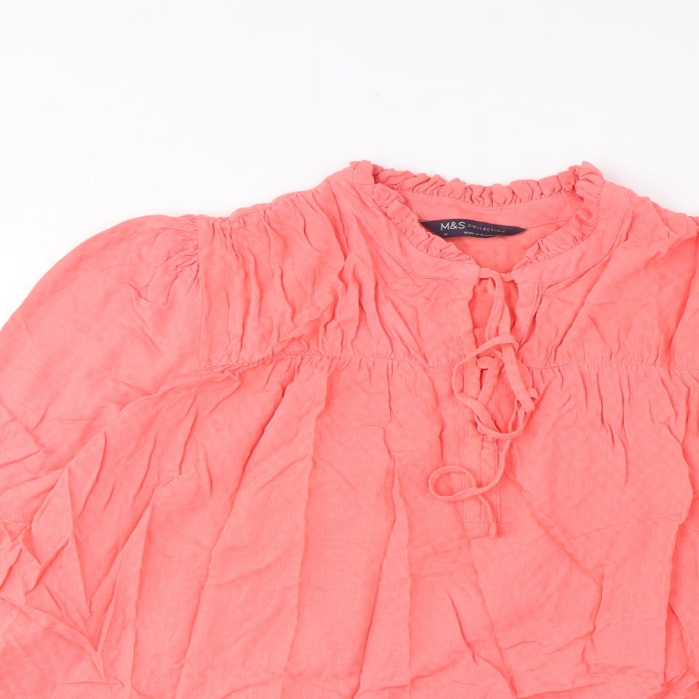 Marks and Spencer Womens Pink Viscose Basic Blouse Size 14 V-Neck - Embroidered, Pleated