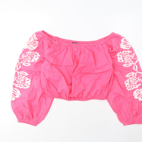 Marks and Spencer Womens Pink Cotton Cropped Blouse Size 12 Scoop Neck - Embroidered