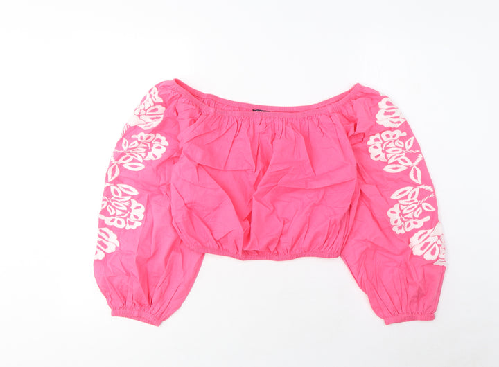 Marks and Spencer Womens Pink Cotton Cropped Blouse Size 12 Scoop Neck - Embroidered