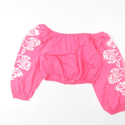 Marks and Spencer Womens Pink Cotton Cropped Blouse Size 12 Scoop Neck - Embroidered