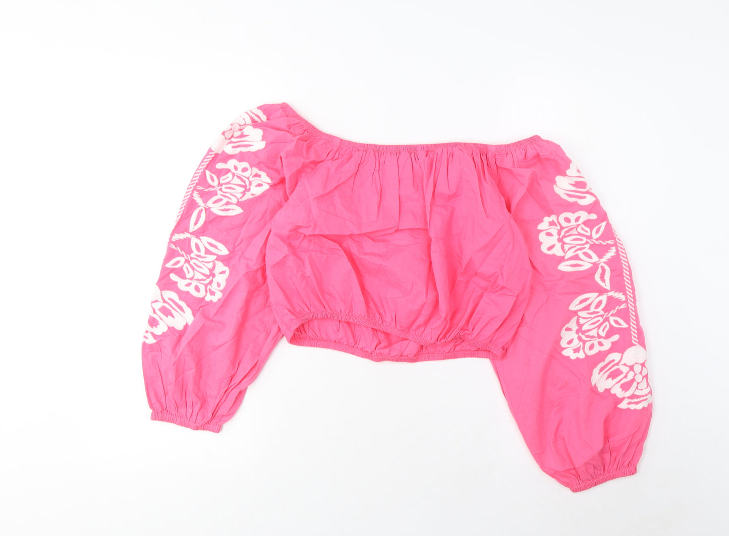 Marks and Spencer Womens Pink Cotton Cropped Blouse Size 12 Scoop Neck - Embroidered