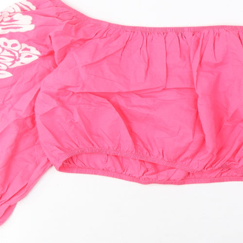 Marks and Spencer Womens Pink Cotton Cropped Blouse Size 12 Scoop Neck - Embroidered