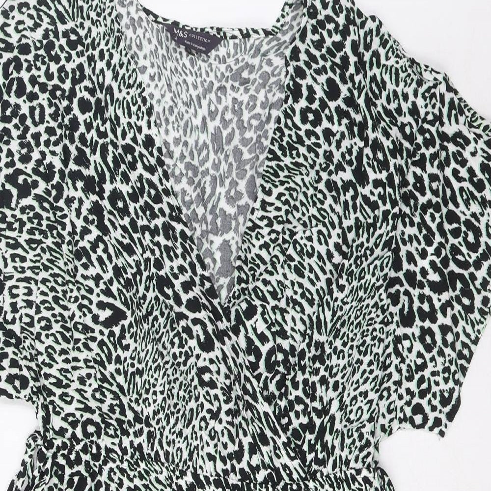 Marks and Spencer Womens Green Geometric Viscose A-Line Size 12 V-Neck Pullover - Elasticated Waist