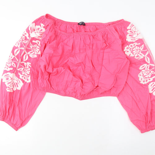 Marks and Spencer Womens Pink Cotton Cropped Blouse Size 18 Scoop Neck - Embroidered