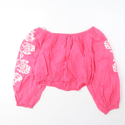 Marks and Spencer Womens Pink Cotton Cropped Blouse Size 18 Scoop Neck - Embroidered