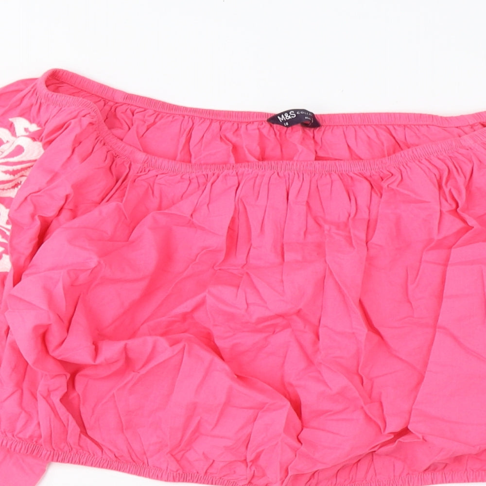 Marks and Spencer Womens Pink Cotton Cropped Blouse Size 18 Scoop Neck - Embroidered
