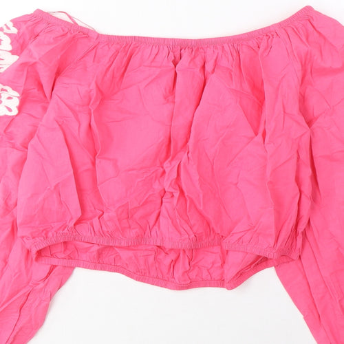 Marks and Spencer Womens Pink Cotton Cropped Blouse Size 18 Scoop Neck - Embroidered