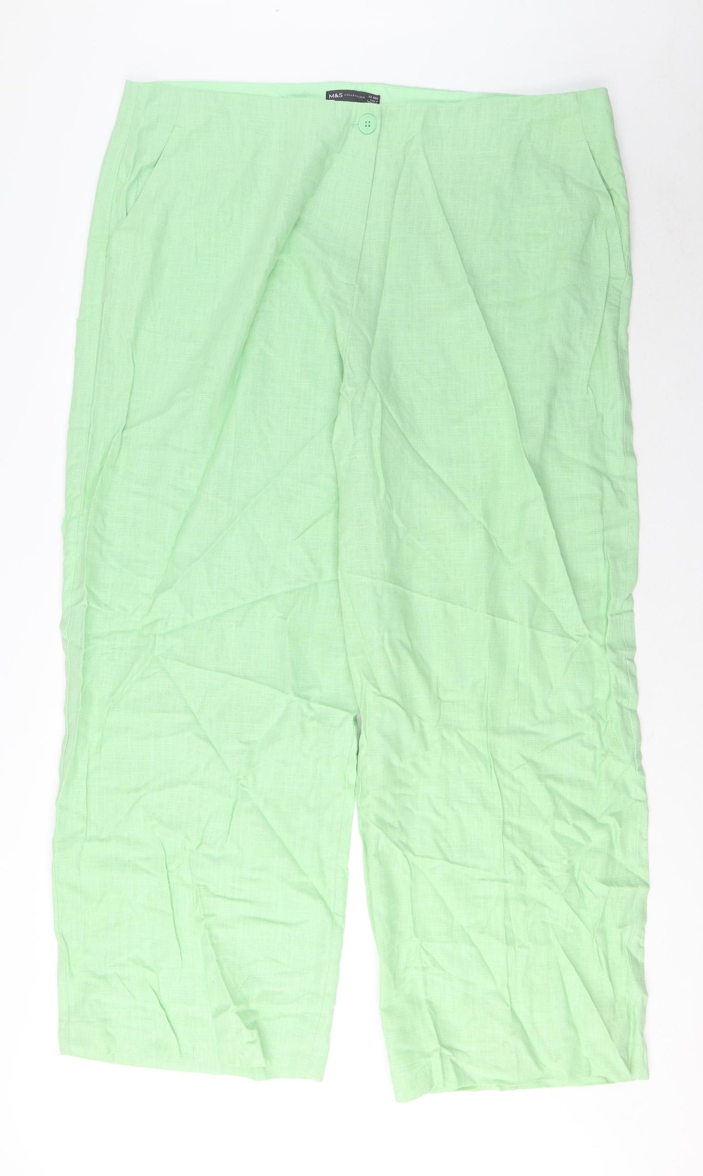 Marks and Spencer Womens Green Linen Trousers Size 22 L30 in Regular Zip - Pockets
