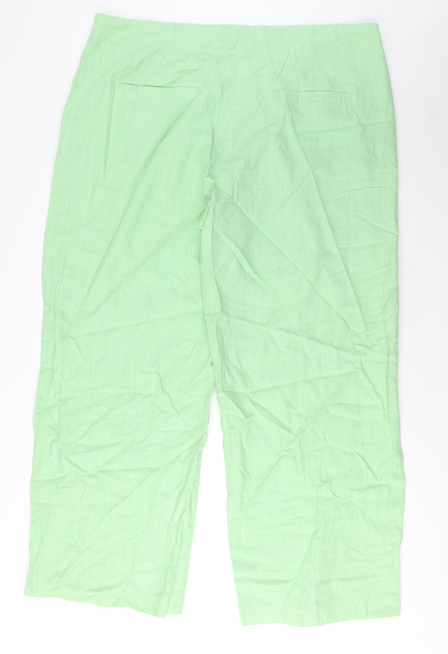 Marks and Spencer Womens Green Linen Trousers Size 22 L30 in Regular Zip - Pockets