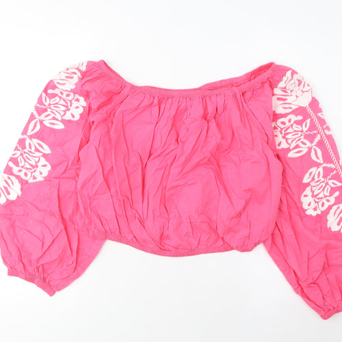 Marks and Spencer Womens Pink Cotton Basic Blouse Size 18 Scoop Neck - Embroidered