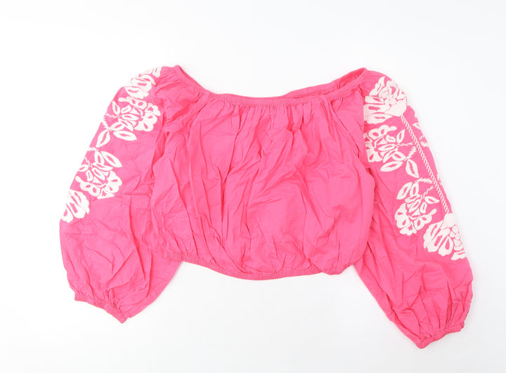 Marks and Spencer Womens Pink Cotton Basic Blouse Size 18 Scoop Neck - Embroidered