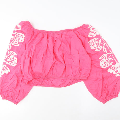 Marks and Spencer Womens Pink Cotton Cropped Blouse Size 18 Scoop Neck - Embroidered