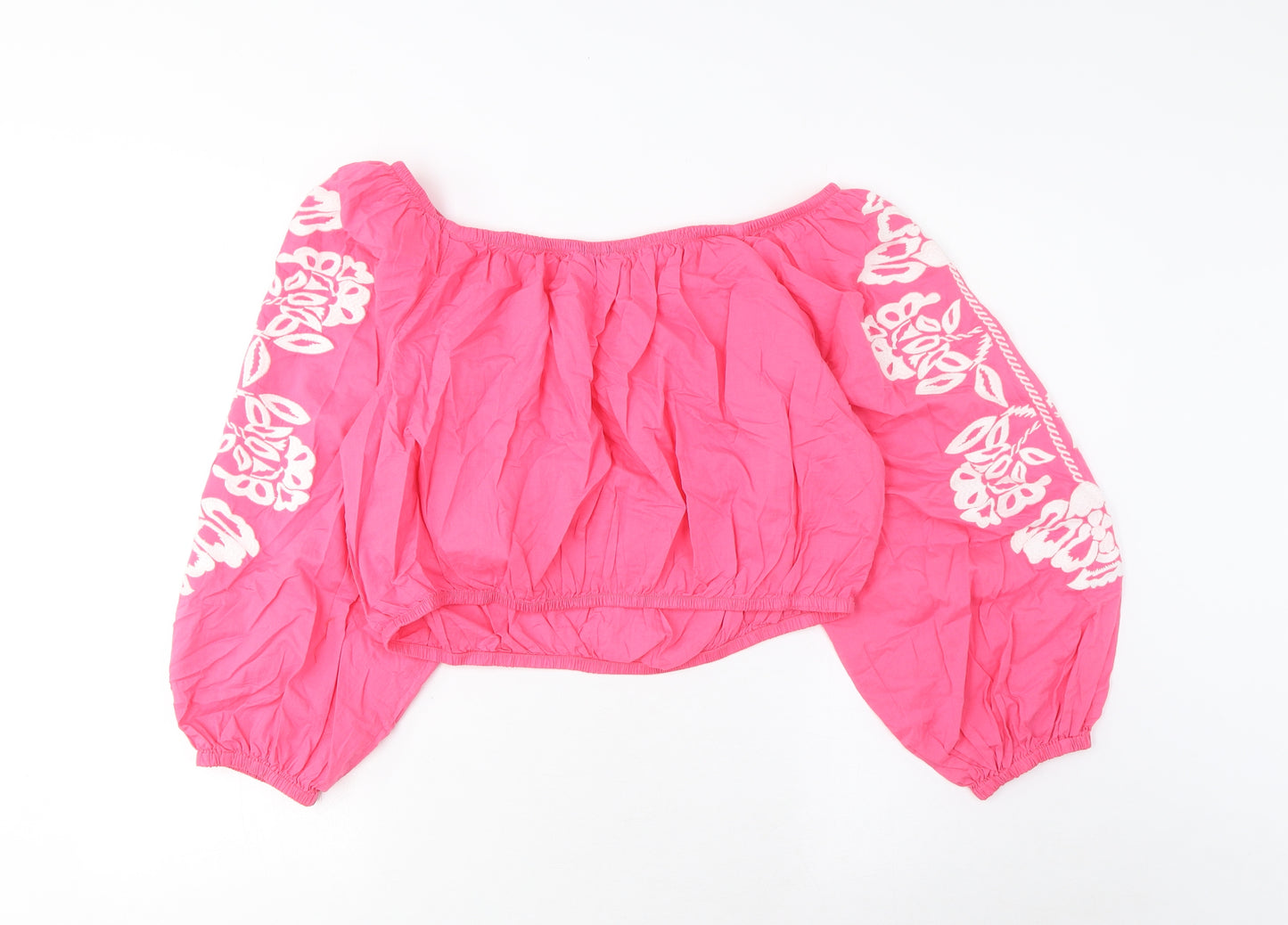 Marks and Spencer Womens Pink Cotton Cropped Blouse Size 18 Scoop Neck - Embroidered