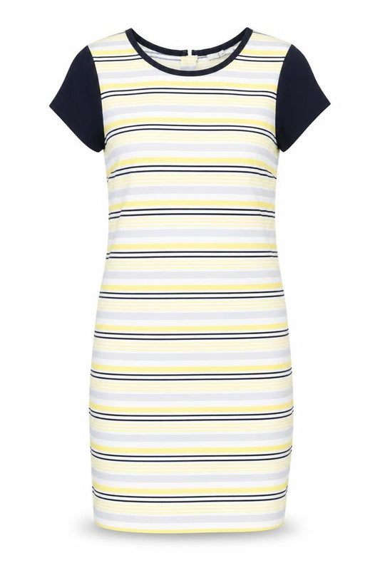 Front view of Next women’s multicoloured striped polyester sheath, size UK 12, crew neck zip