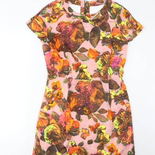 Topshop Womens Multicoloured Geometric Polyester Sheath Size 10 Boat Neck Zip - Pleated
