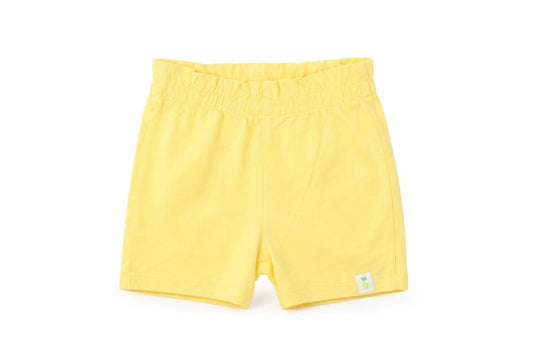 Front view of Marks & Spencer girls’ yellow cotton cropped trousers, size 6-9, months pullover - lemon