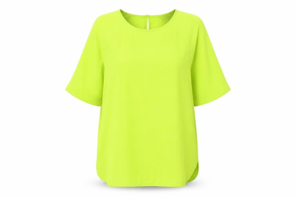 Front view of Marks & Spencer women’s green polyester basic t-shirt, size UK 6, crew neck
